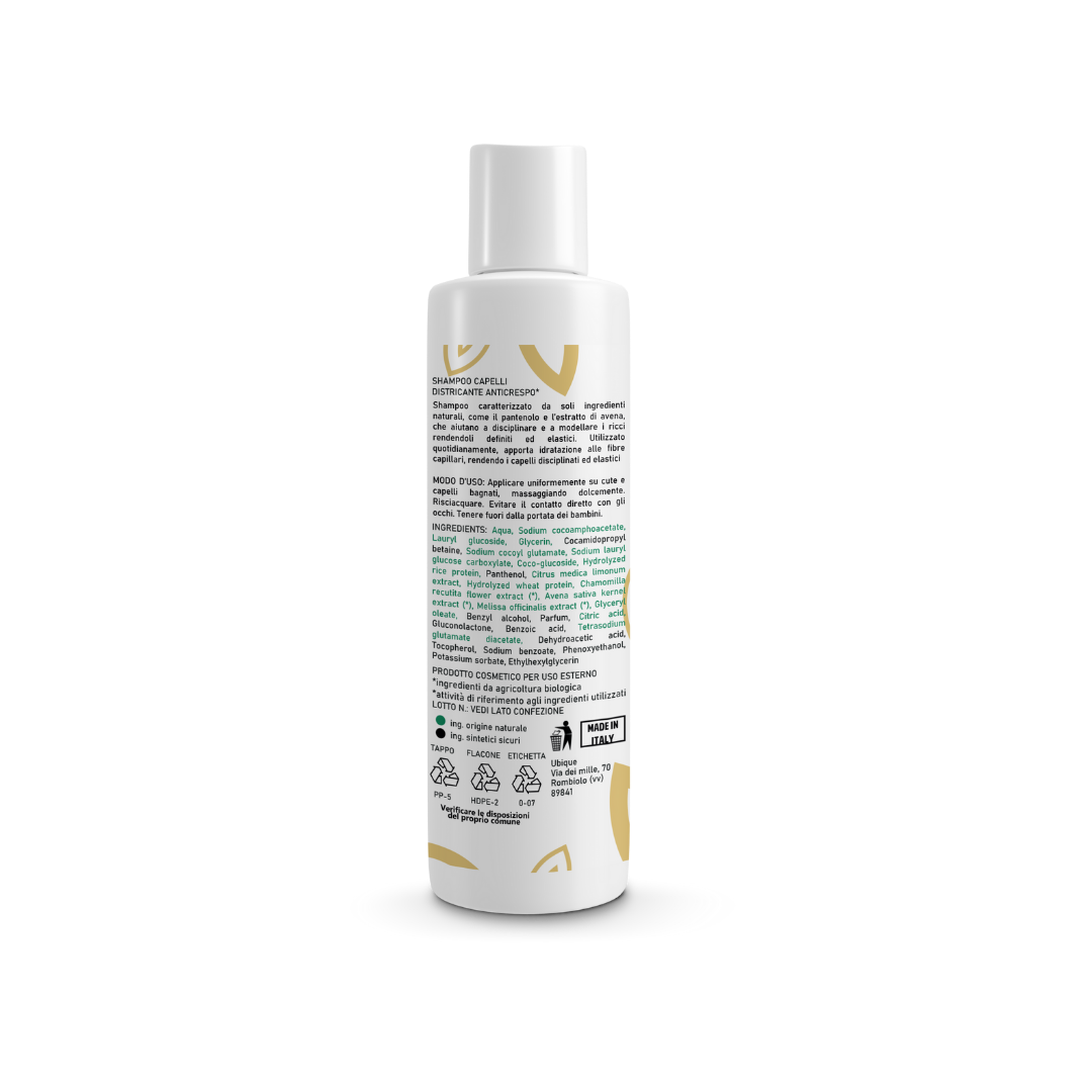 Shampoo naturale per capelli ricci, marca Bothania, 97,80% di ingredienti naturali. Districante e anticrespo. 