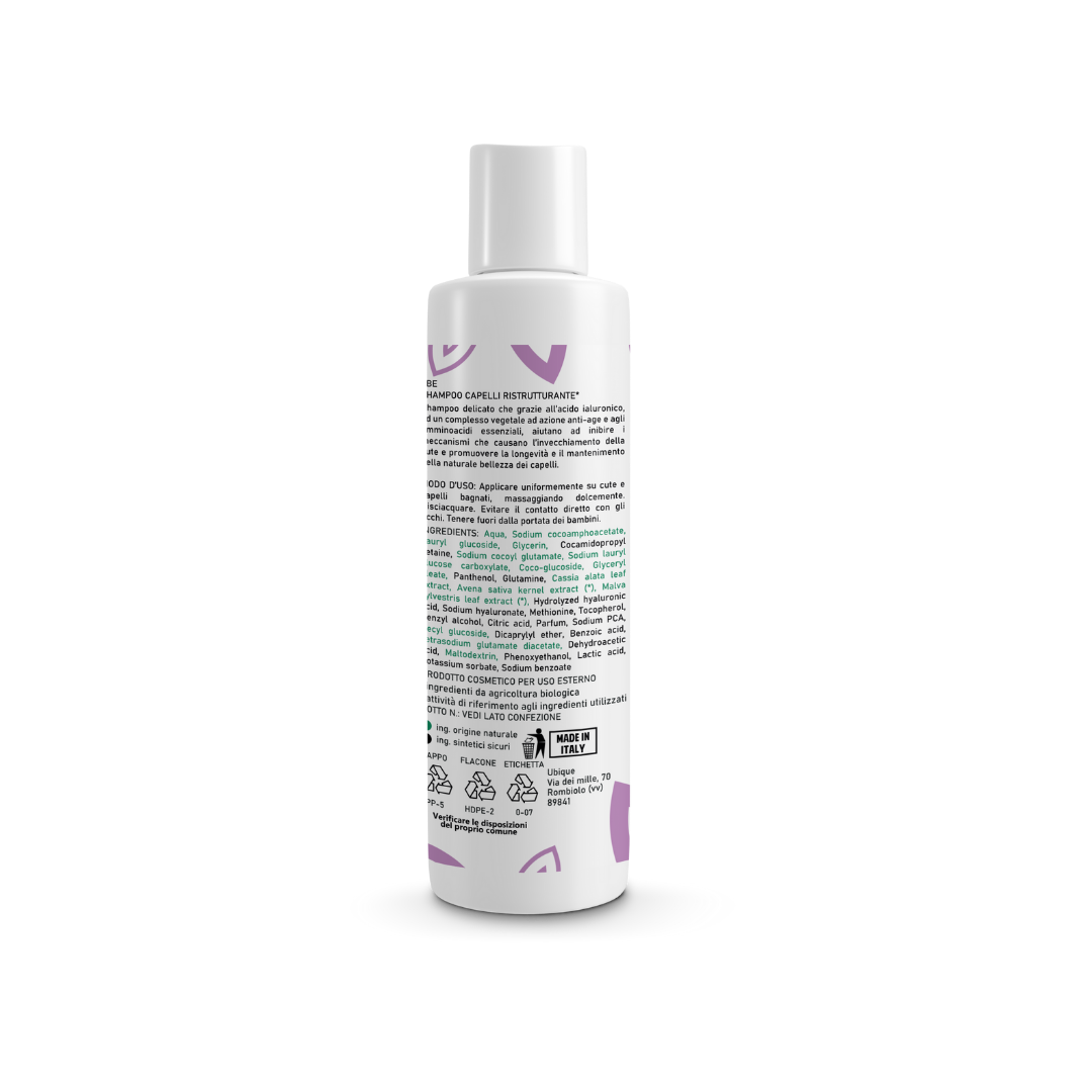 Lista degli ingredienti dello shampoo naturale per capelli sfibrati, marca Bothania. A base di acido ialuronico dona corpo e lucentezza ai capelli. Flacone riciclabile, confezione 250ml. Vegano.